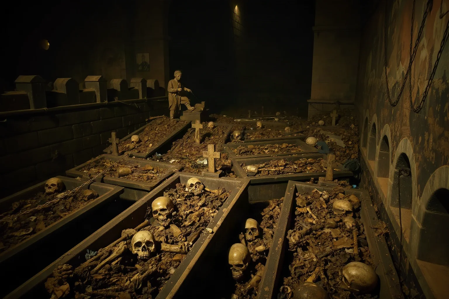 Overcrowded medieval cemetery at night with graves stacked densely, decomposing matter visible, and a cellar wall collapsing beneath the weight of burials