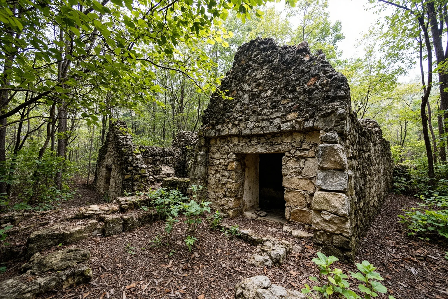 Overgrown ancient Maya stone temple ruins in a dry, drought-stricken jungle clearing
