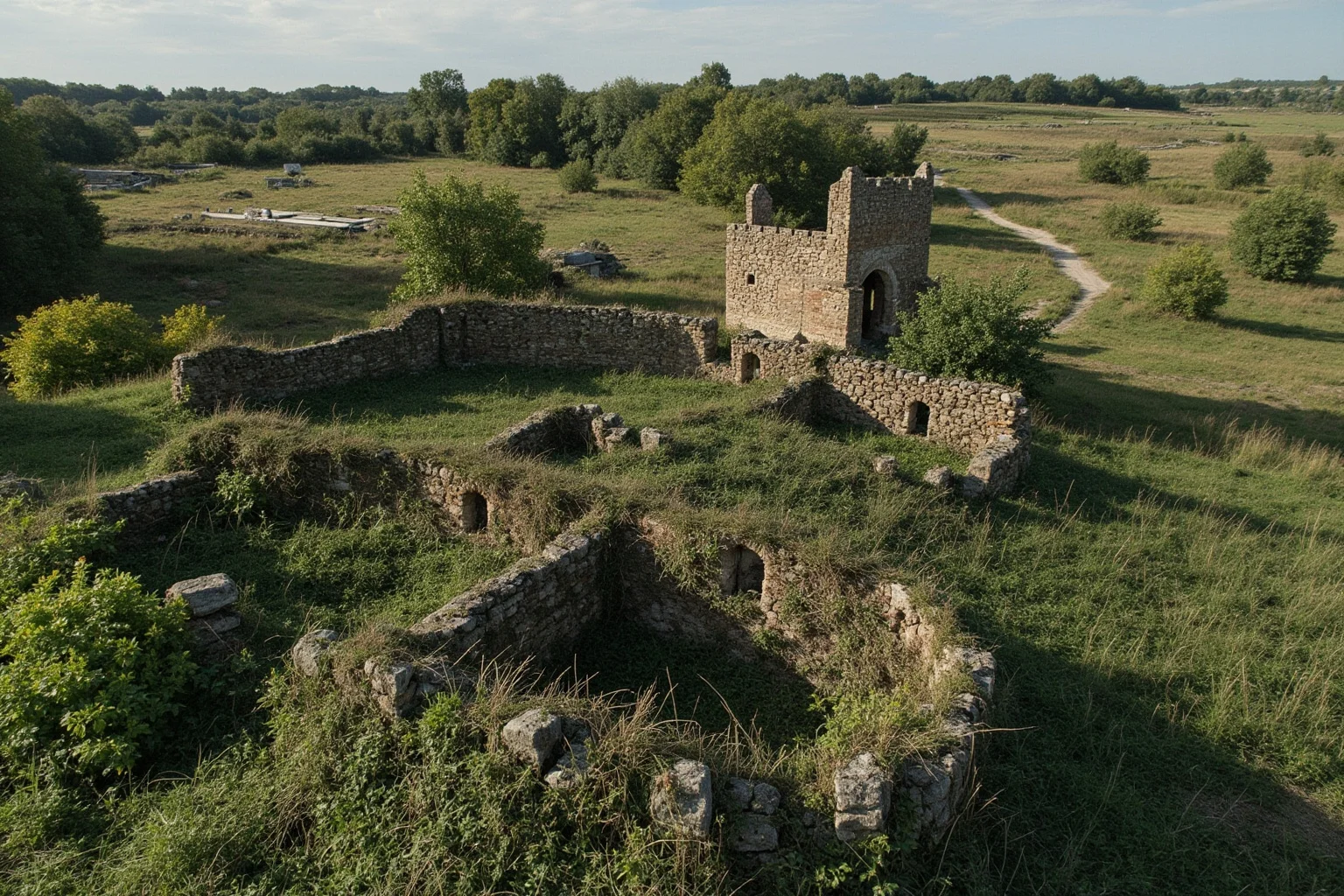 Overgrown and abandoned medieval village with crumbling buildings, empty fields, and neglected structures