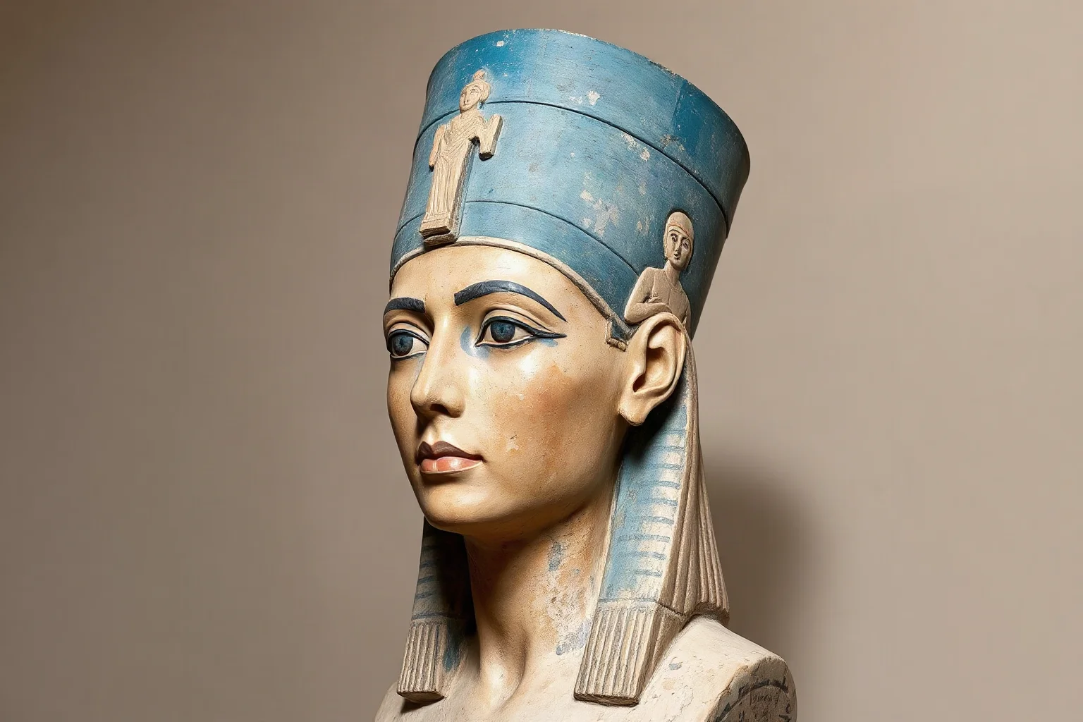 Painted limestone bust of an ancient Egyptian queen with a tall blue crown