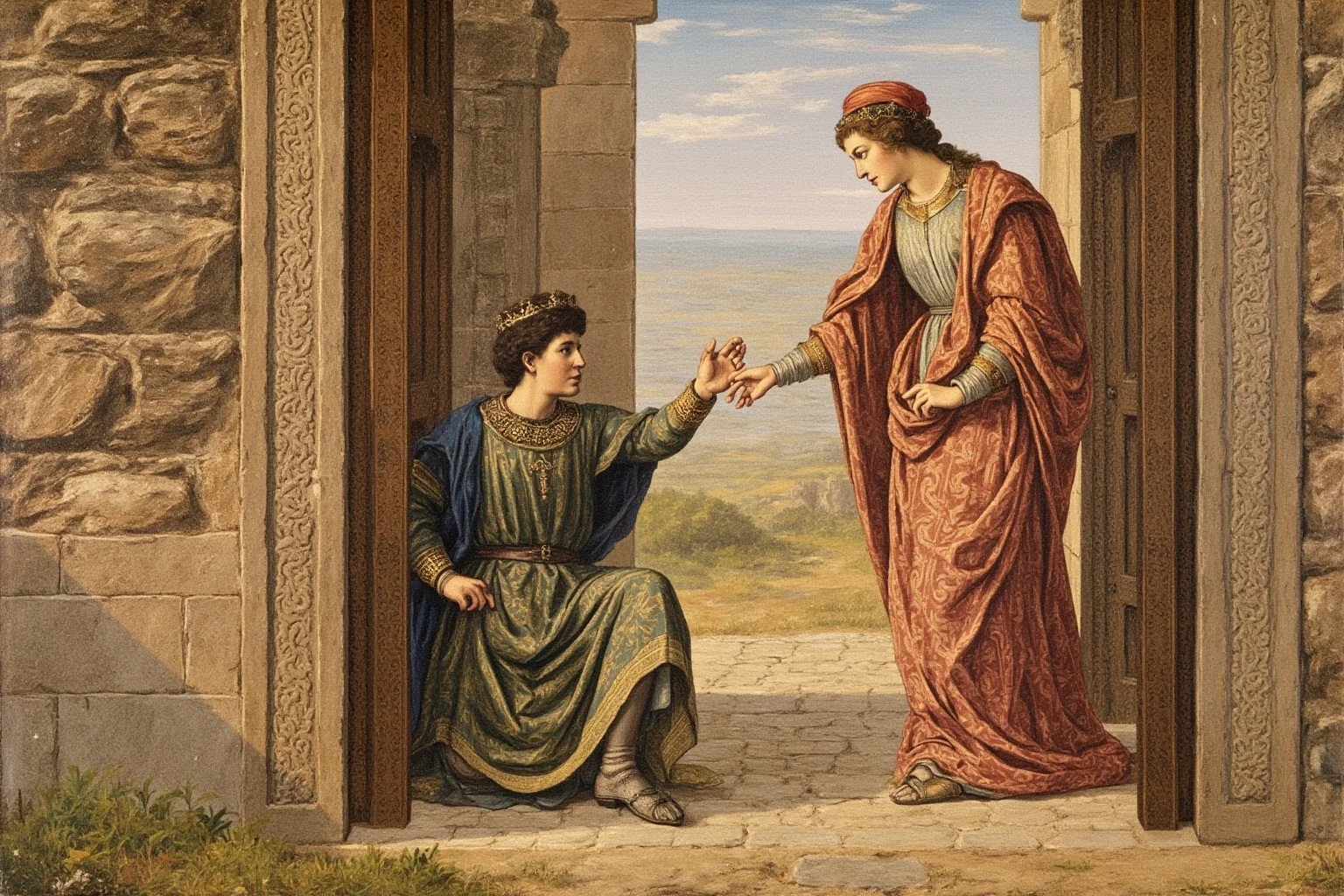 Painted medieval fresco style image of an Italian noblewoman in fine robes greeting a kneeling emperor at a stone fortress gate
