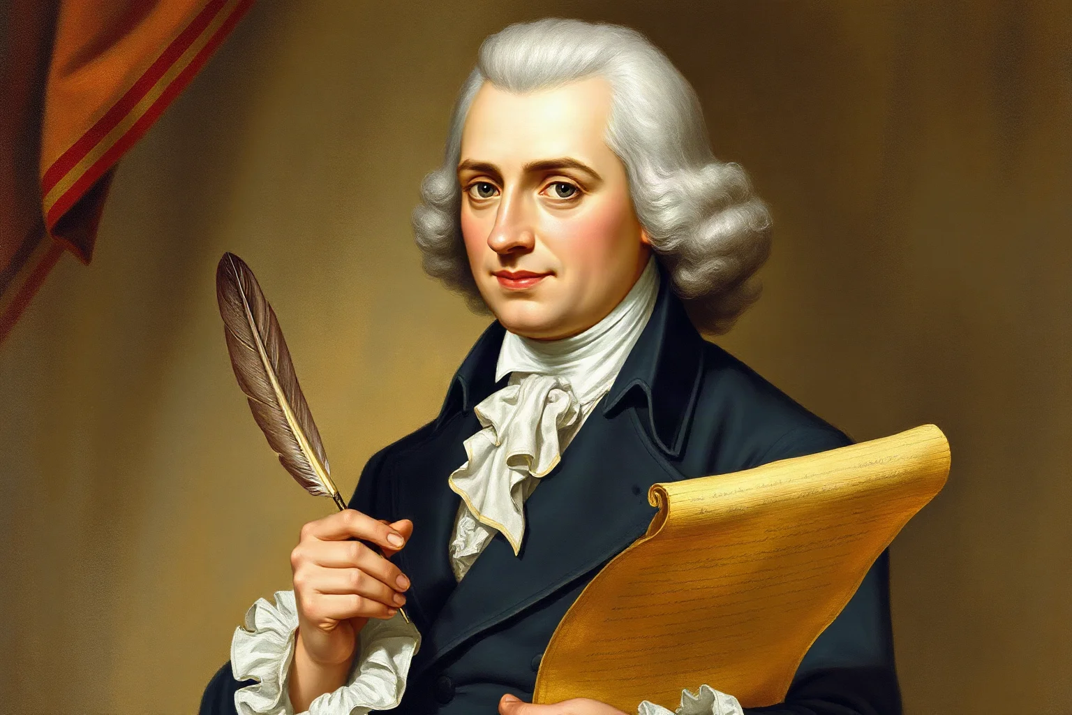Painted portrait-style illustration of an 18th-century American statesman in period dress holding a quill and parchment document
