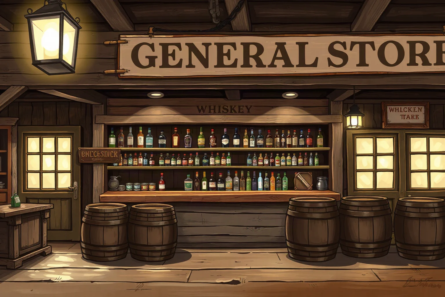 Painted-style illustration of a rustic 1830s general store counter with whiskey barrels and lantern light