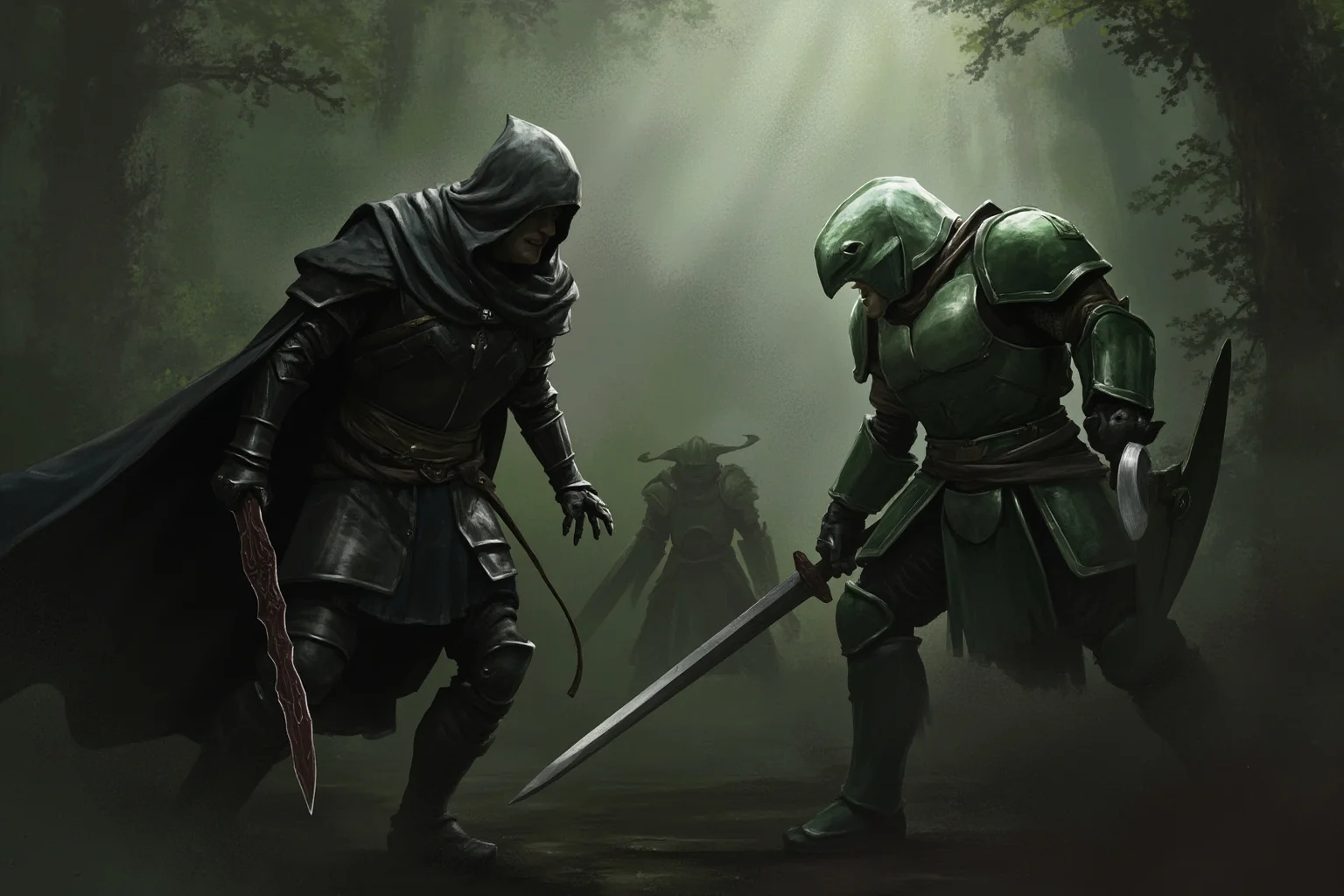 22 Most Notorious Knights From History: Heroes, Villains, and Legends 3 Painterly depiction of a cloaked knight facing a mysterious green-armored challenger in a misty forest