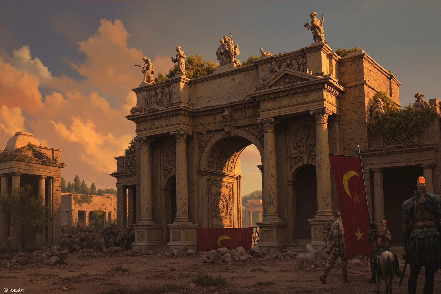25 Most Memorable Dates in History (And Why They Still Matter) 3 Painterly depiction of a crumbling ancient Roman city gate with soldiers and a fading empire banner at dusk
