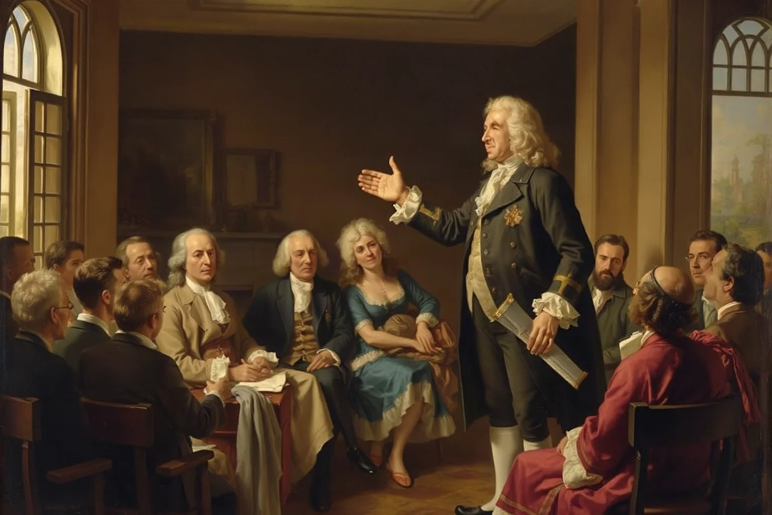 Painterly depiction of an 18th-century orator gesturing dramatically before a seated colonial assembly