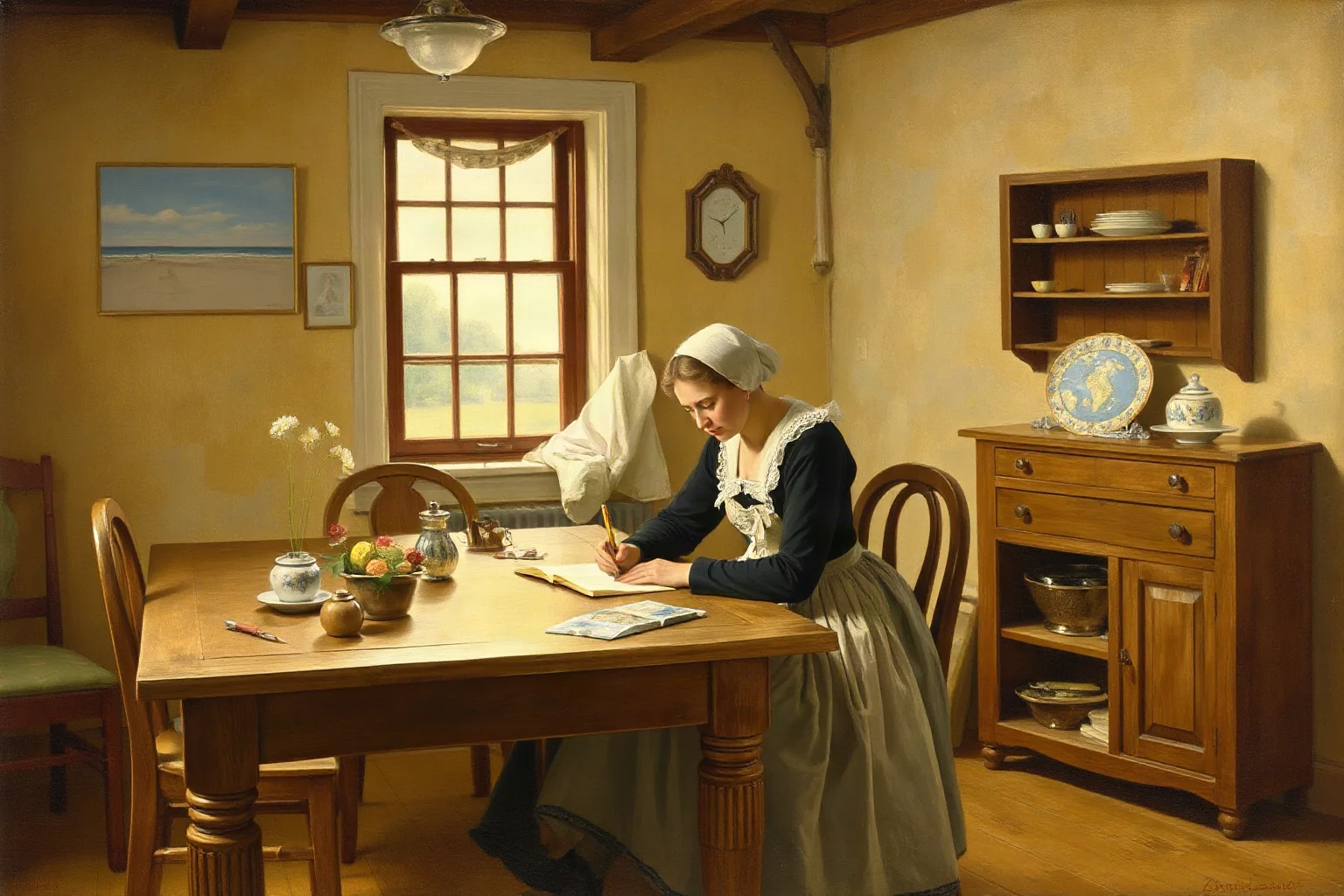 Painterly domestic scene of a colonial woman writing letters at a farmhouse table