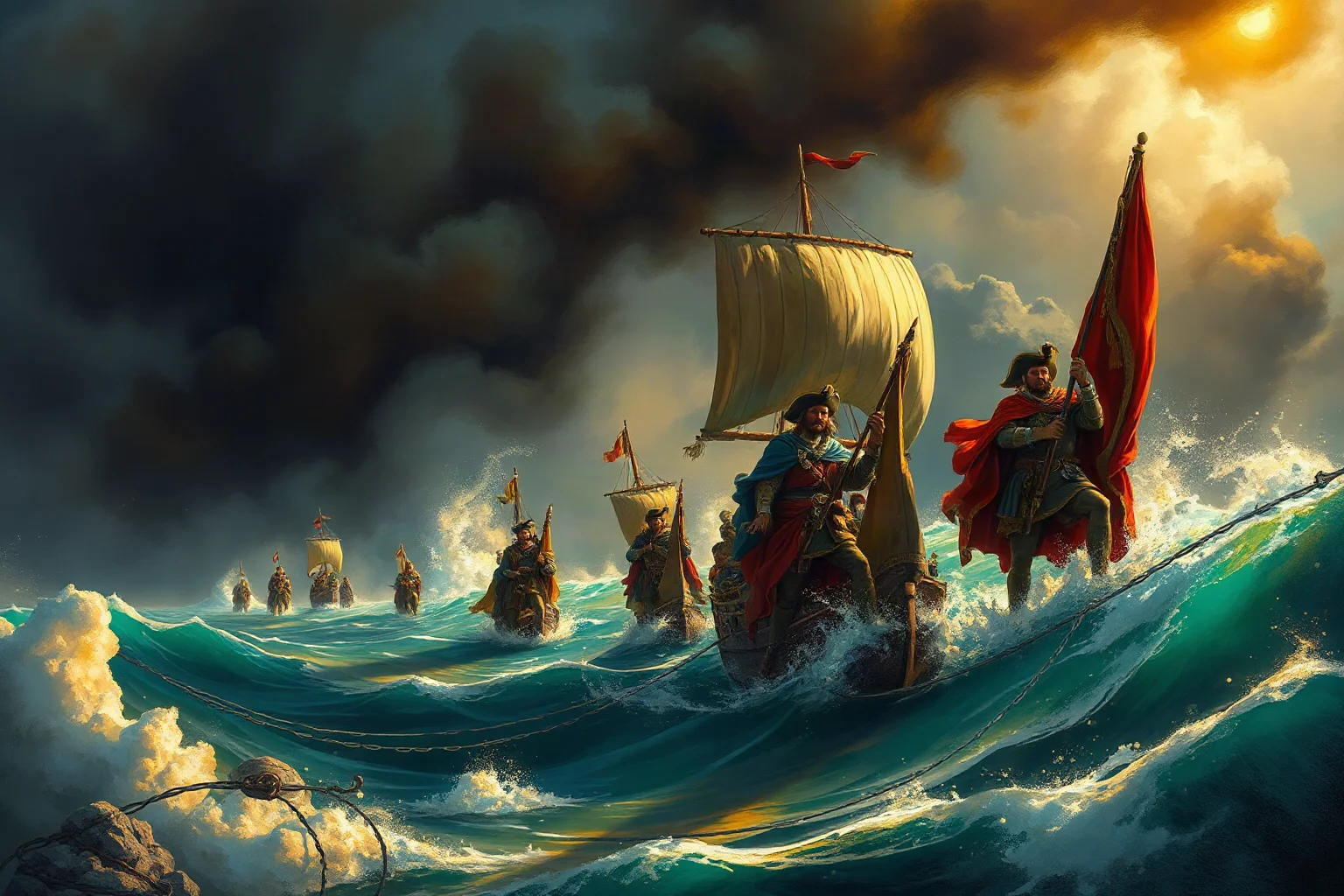 Painterly historical illustration of a 16th-century Spanish conquistador expedition arriving on a Mexican coastline, dramatic lighting, not photorealistic