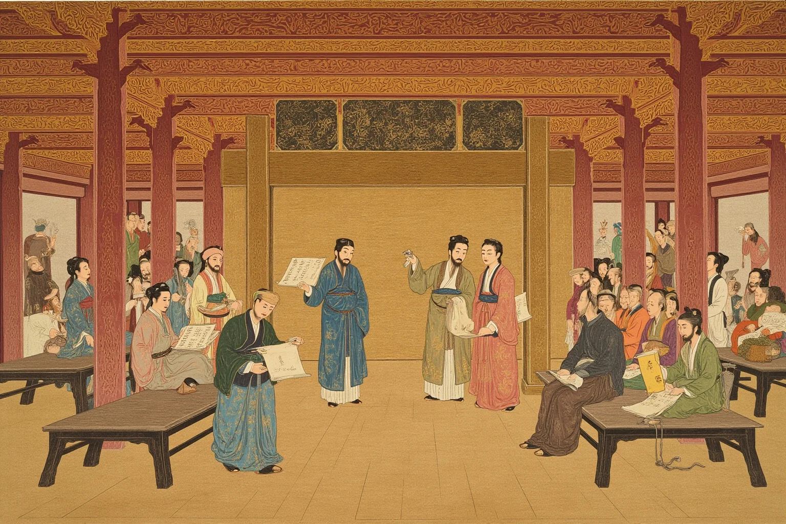 Painterly historical illustration of Han dynasty Chinese scholars reading scrolls inside a wooden imperial academy hall