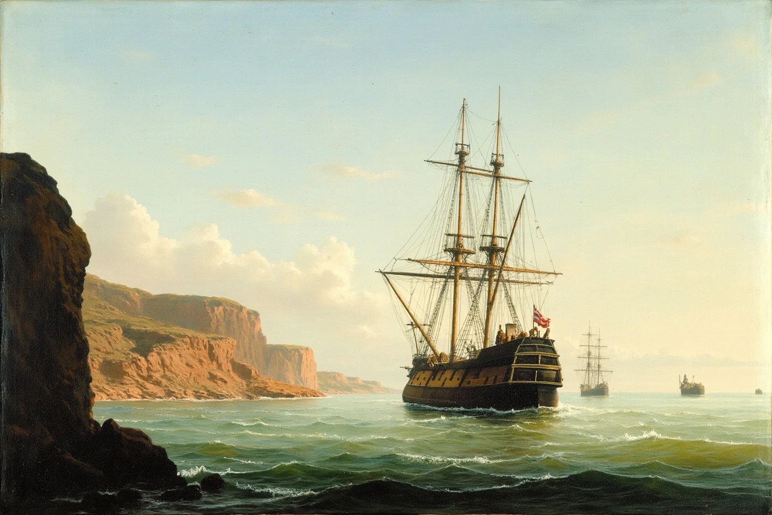 Painterly illustration of a 17th-century Dutch sailing ship anchored off a rugged Australian coastline