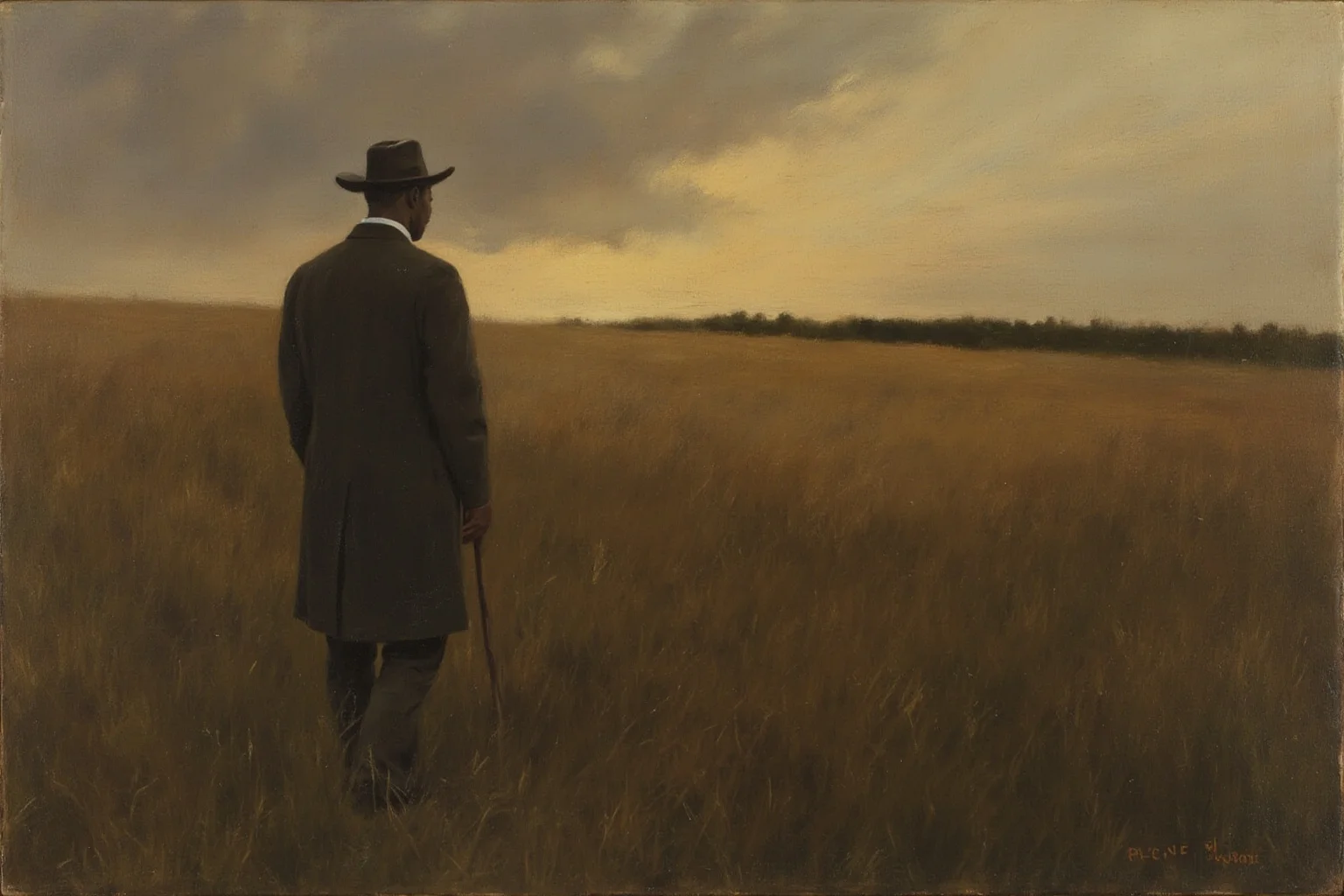 Painterly illustration of a 1920s Black writer walking through a rural Southern field at dusk, contemplative mood, muted earth tones
