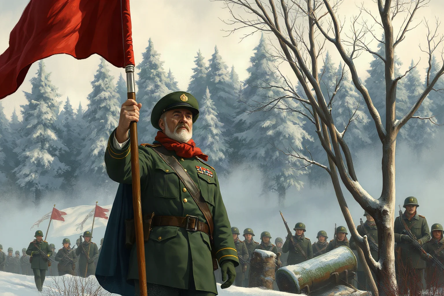 Painterly illustration of a besieged American general defiantly standing before snow-covered forest during winter siege