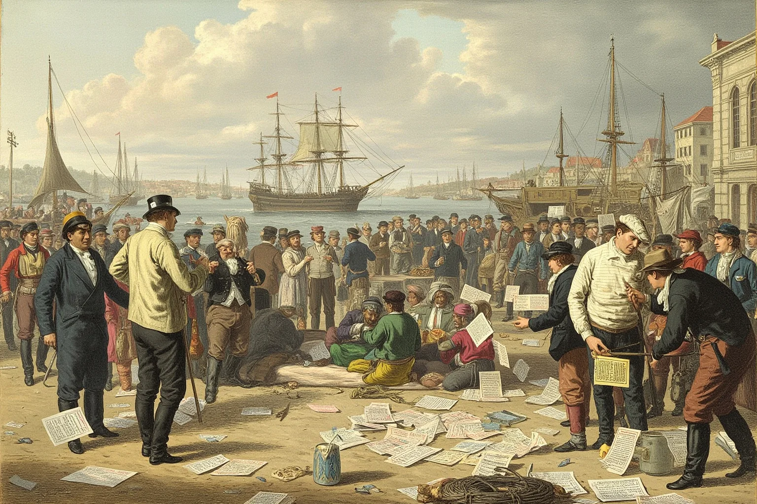 22 Historical Events That Will Restore Your Faith In Humanity 4 Painterly illustration of a busy 19th-century harbor with abolitionist pamphlets scattered and a sailing ship in the background, symbolic of ending a trade