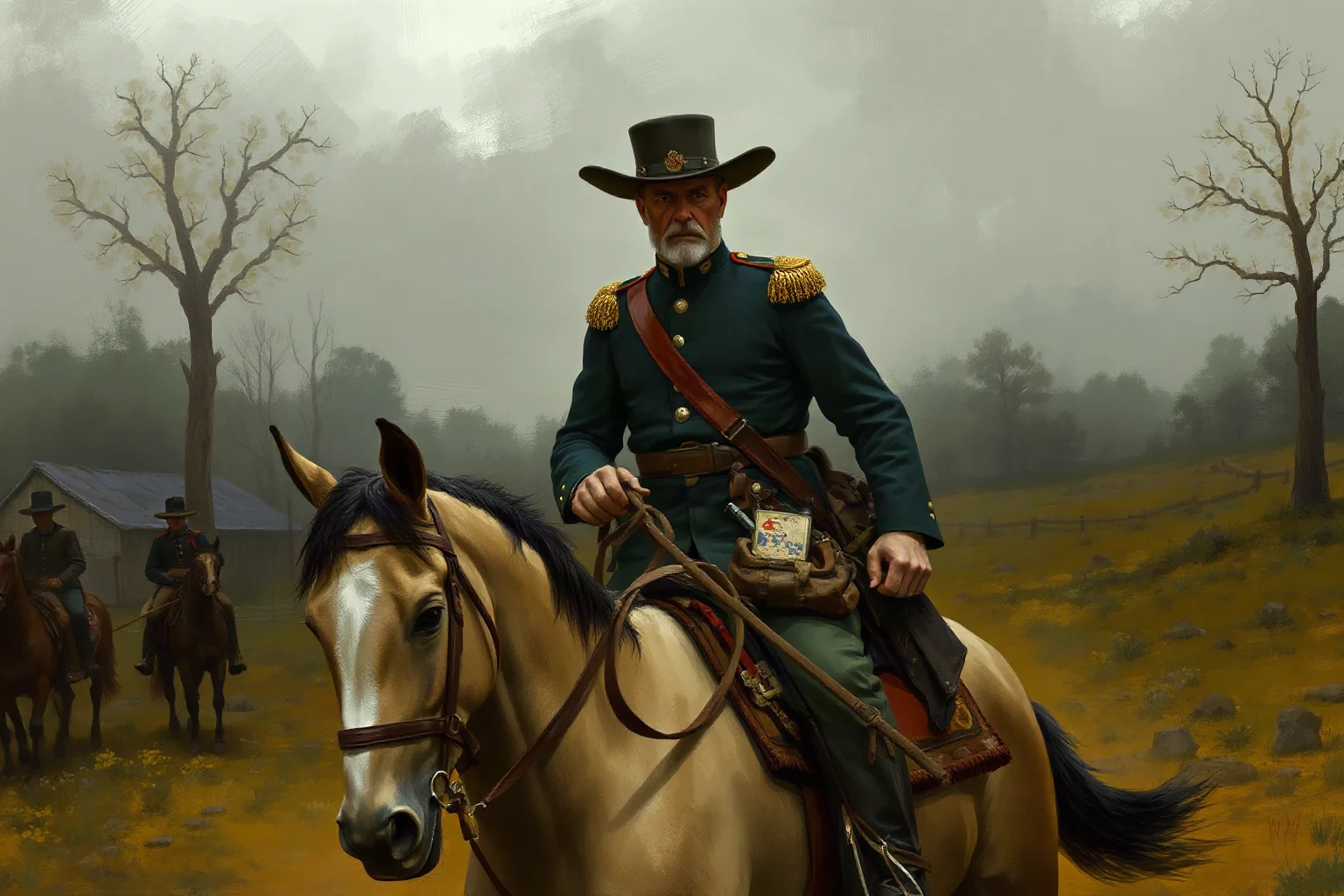 Painterly illustration of a Civil War cavalry general on horseback with a grim, resolute expression amid a dark rural landscape