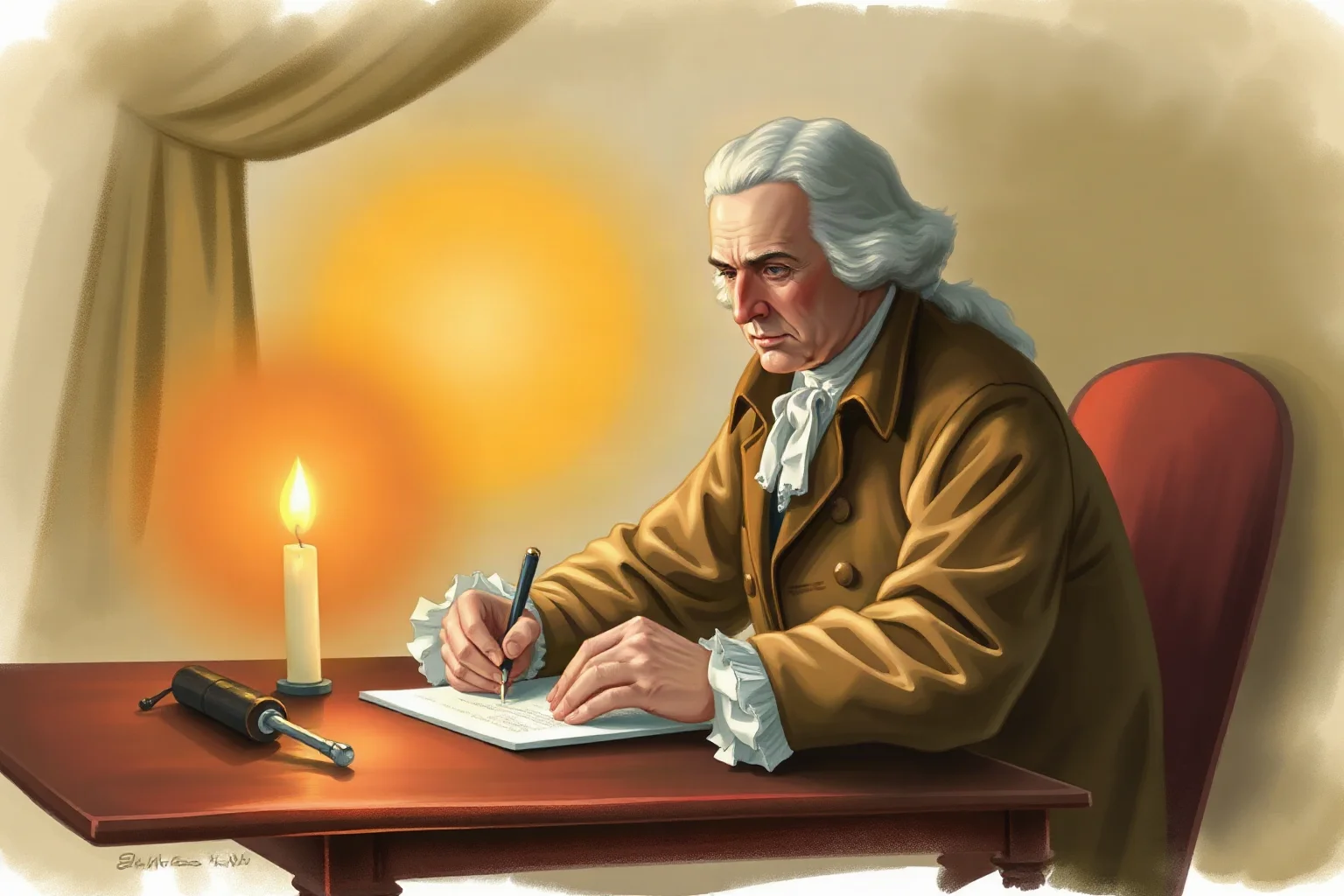 Painterly illustration of a colonial-era statesman in 18th-century coat and wig writing at a wooden desk by candlelight