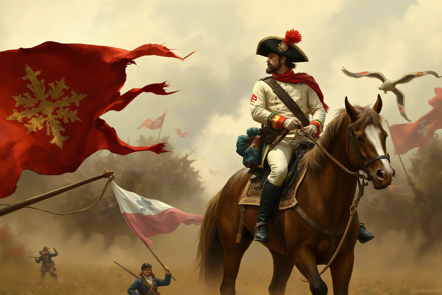 Painterly illustration of a colonial general on horseback amid battlefield chaos, torn flags in background