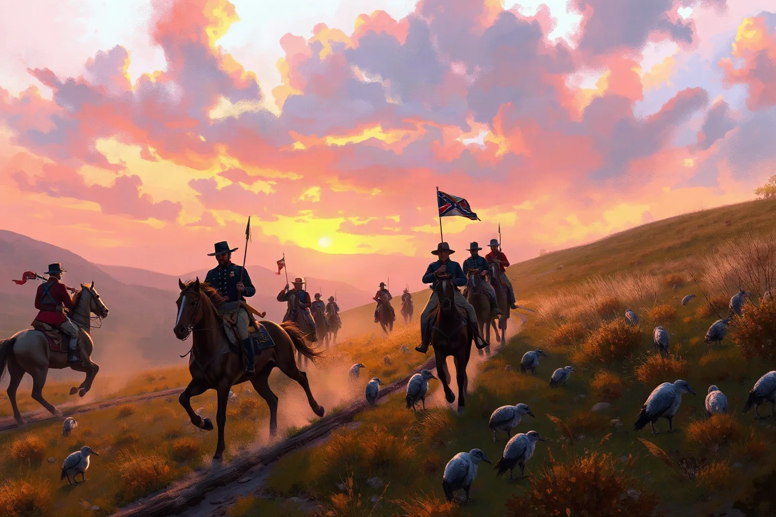 Painterly illustration of a Confederate cavalry general leading troops swiftly through a valley at dawn