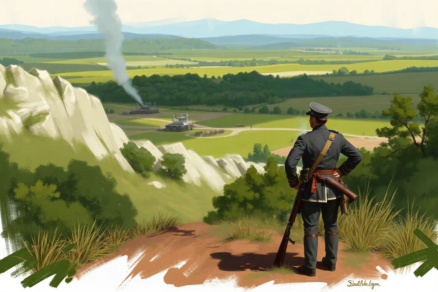 Painterly illustration of a Confederate Civil War general in gray uniform standing near a ridge overlooking a battlefield