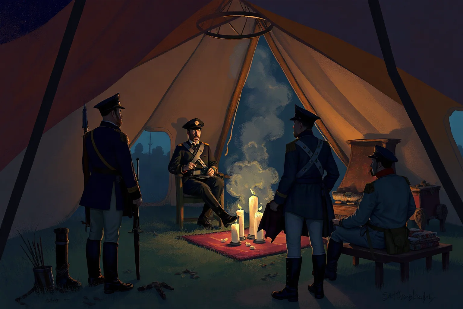 Painterly illustration of a Confederate general arguing with subordinate officers inside a candlelit command tent
