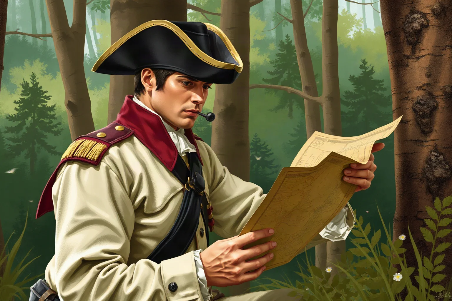 Painterly illustration of a Continental Army officer studying a battle map in a Southern forest campaign setting