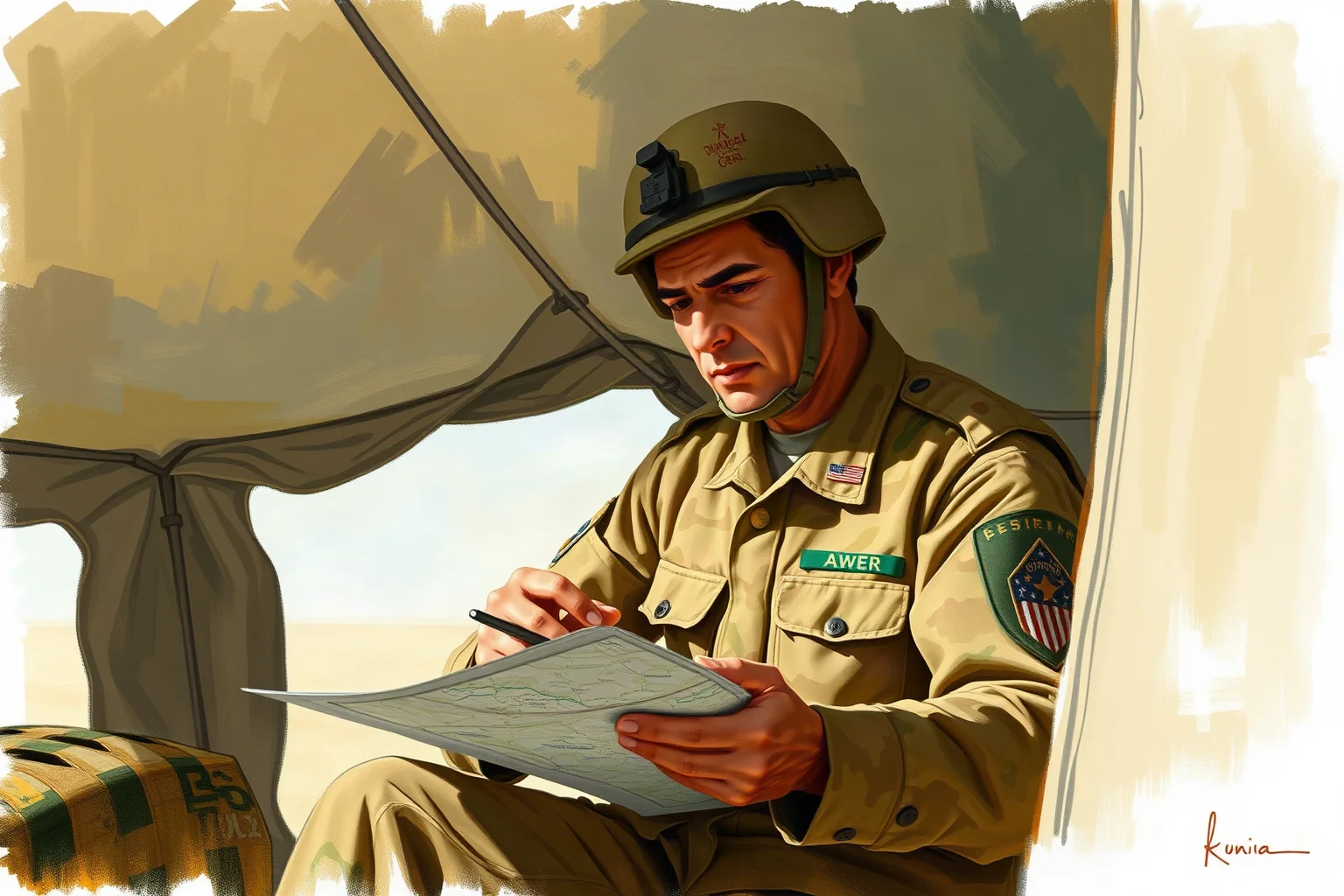 Painterly illustration of a desert-camouflage American general studying maps in a command tent during a Gulf War era operation