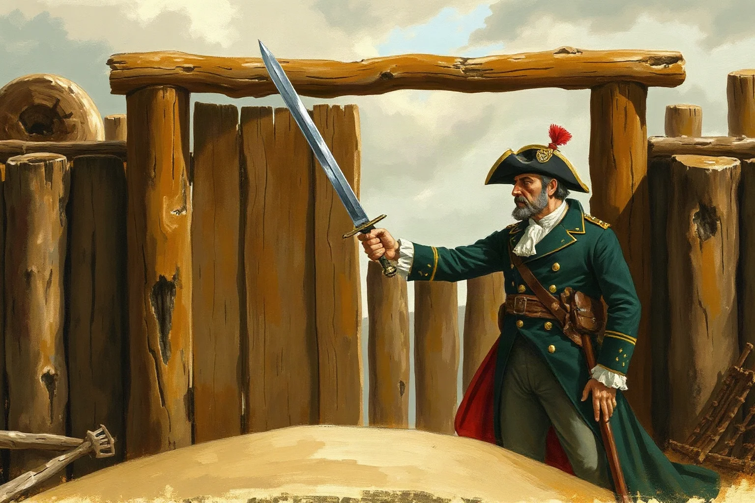 Painterly illustration of a disheartened War of 1812 American general handing over a sword at a wooden fort gate