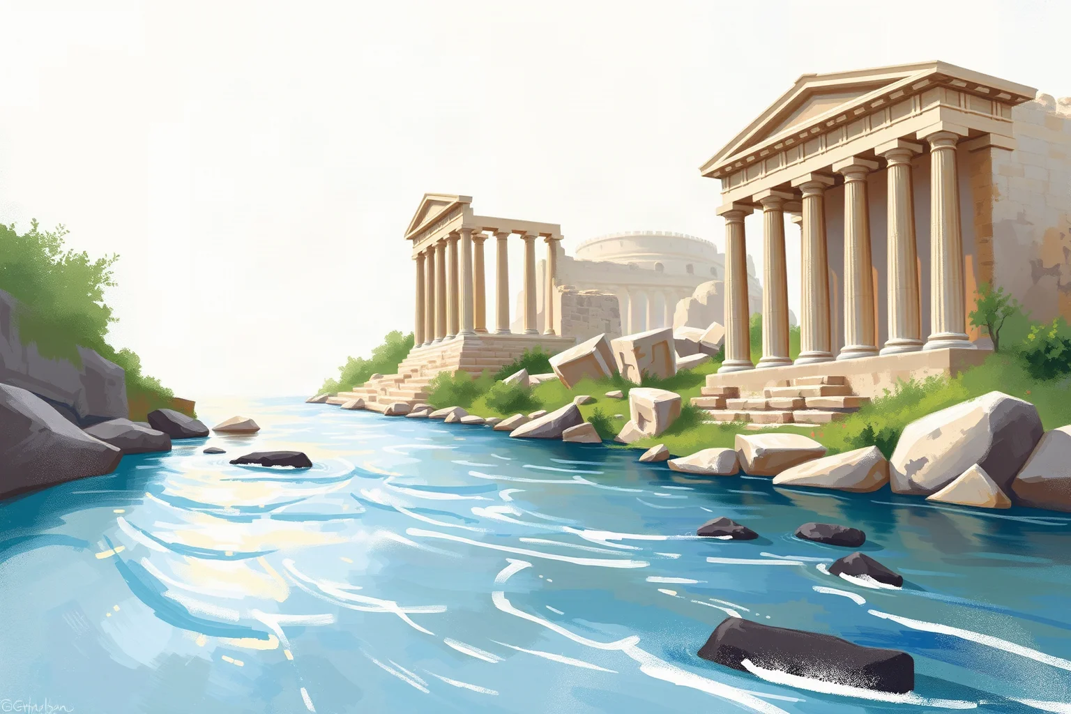 Painterly illustration of a flowing river beside ancient Greek ruins, reflecting light and motion, no figures