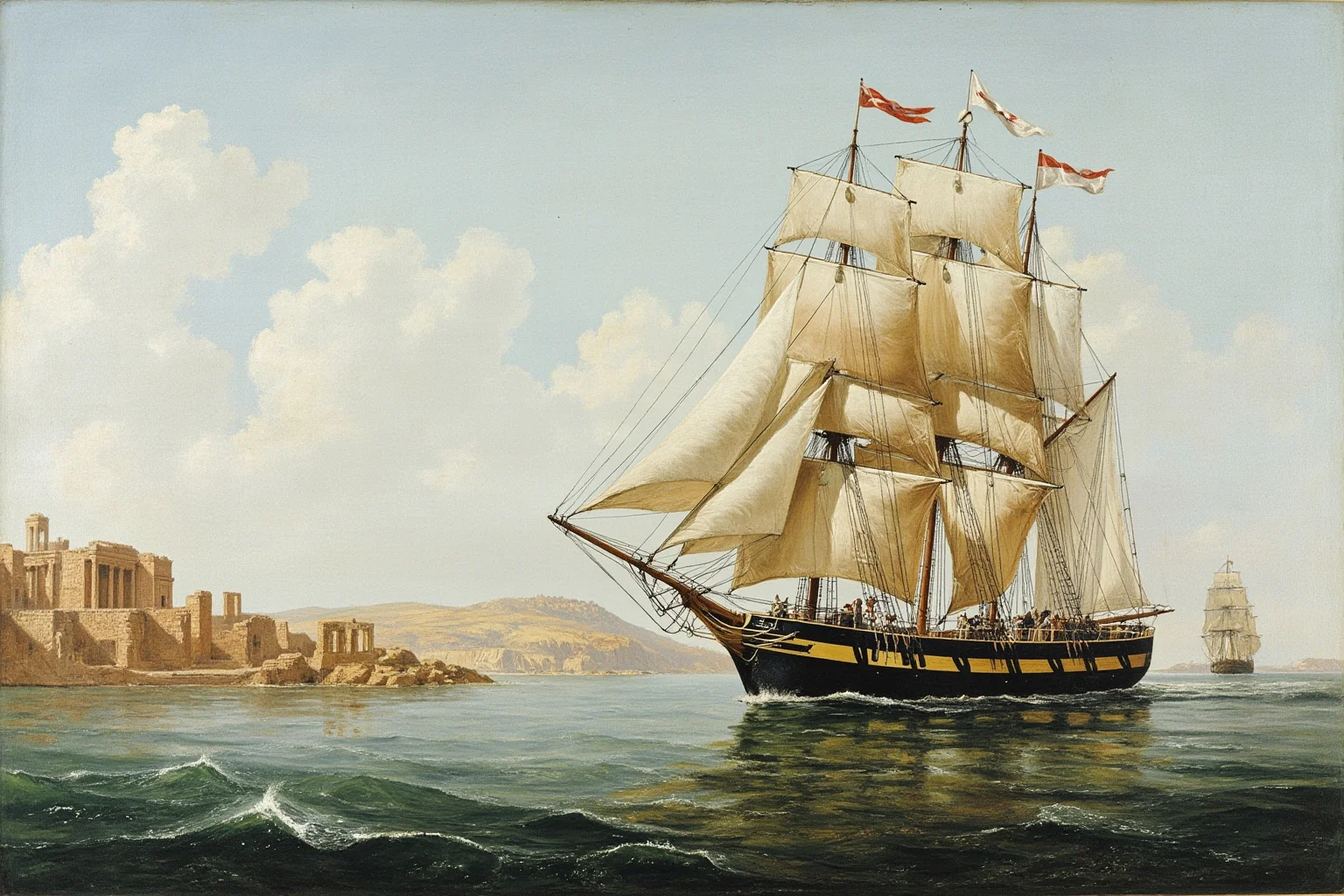 John Montagu, the Earl of Sandwich Who Popularized Our Favorite Lunch Food 4 Painterly illustration of a Georgian-era gentleman traveling by sailing ship past Mediterranean coastal ruins, Grand Tour theme