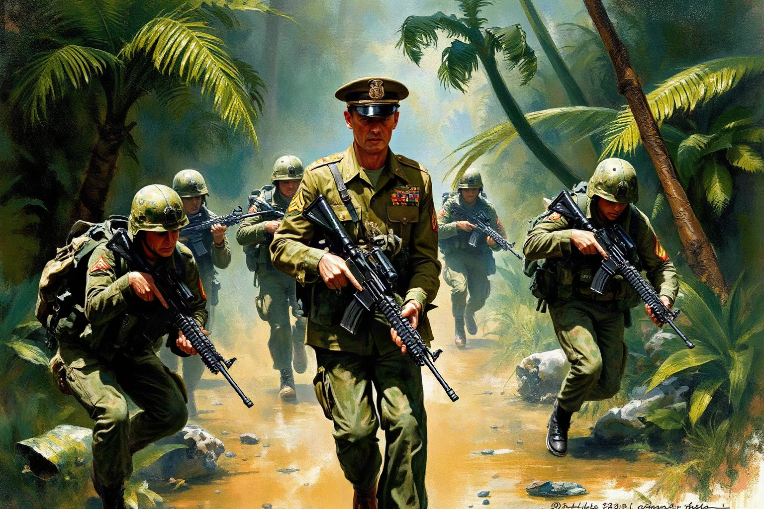 Painterly illustration of a Marine Corps general leading troops through a jungle combat environment