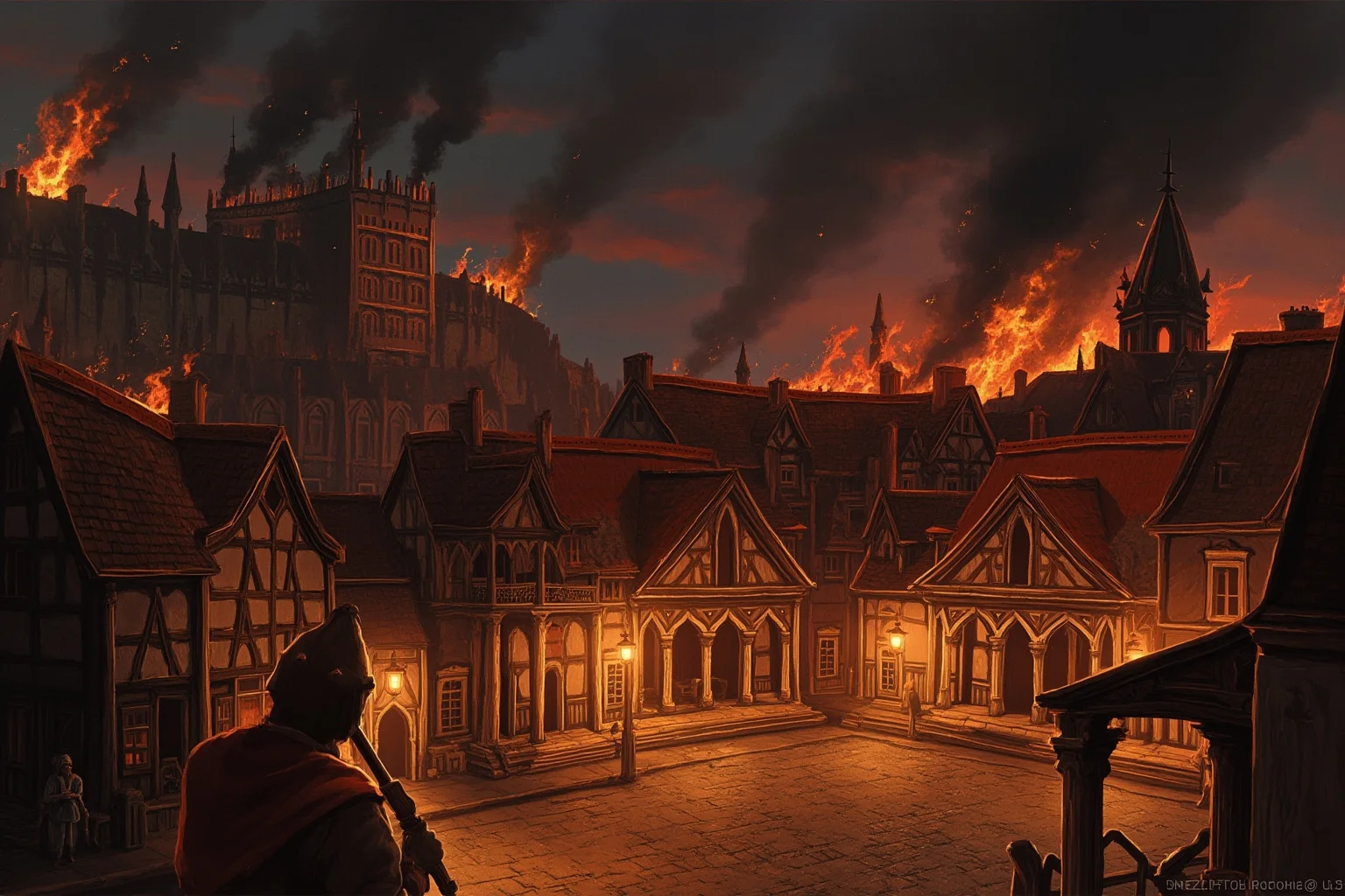 Painterly illustration of a medieval town square with flames and smoke rising, somber historical atmosphere, no visible faces