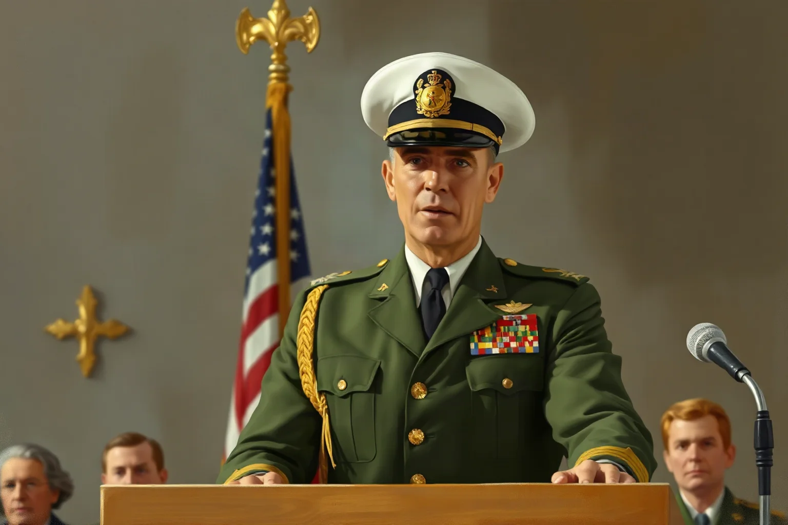 Painterly illustration of a mid-20th-century American general in dress uniform addressing Congress from a lectern