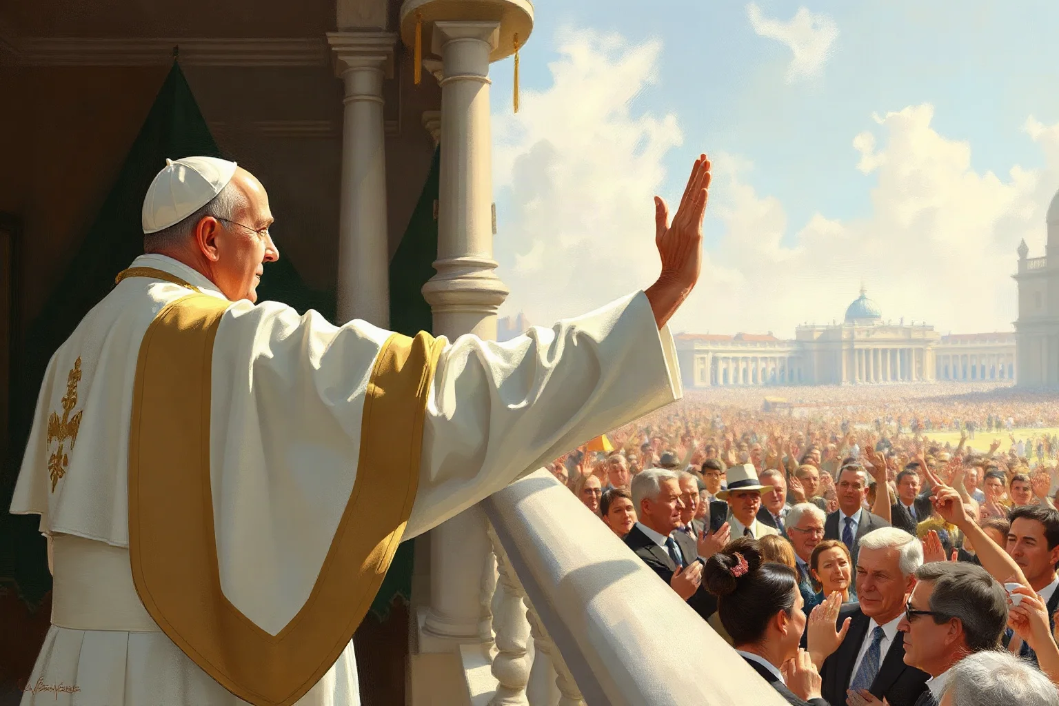 Painterly illustration of a mid-20th-century pope in white vestments blessing a crowd from a balcony