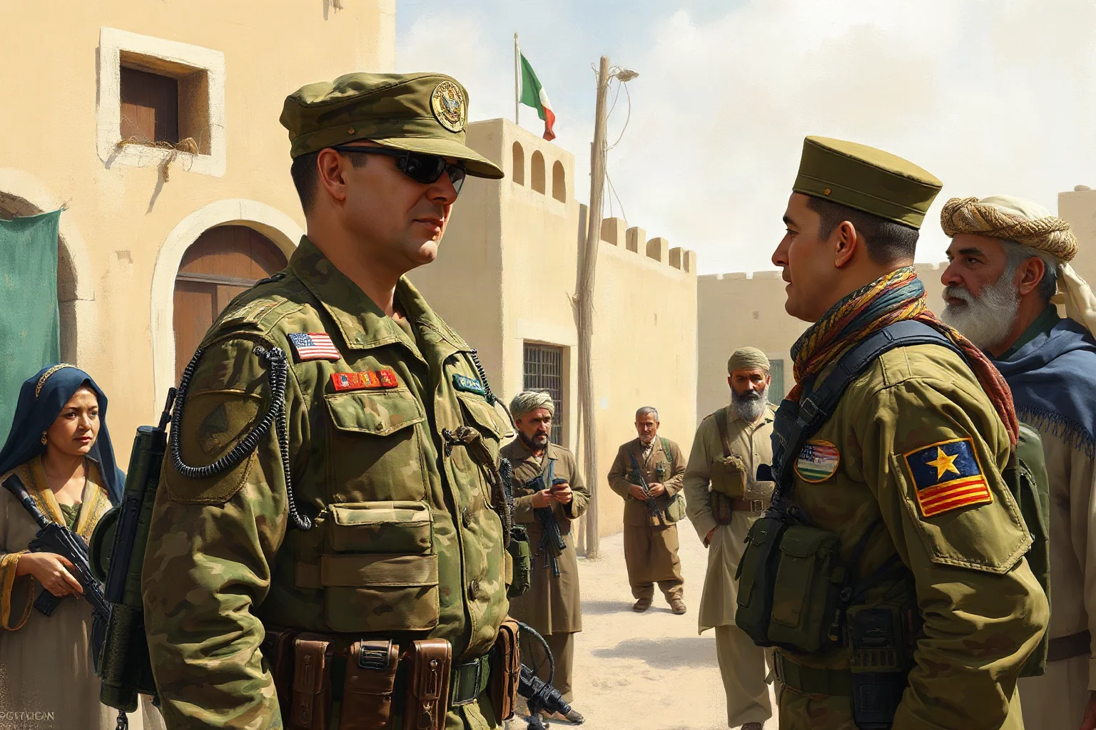 Painterly illustration of a modern American general in fatigues meeting with local leaders in a Middle Eastern town setting