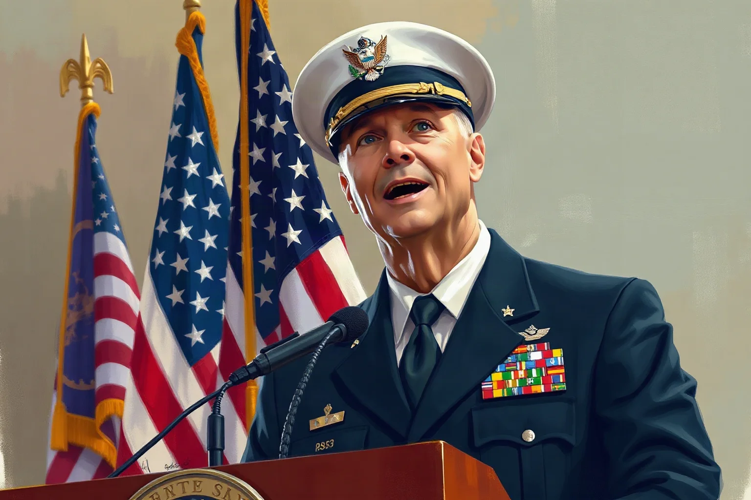 Painterly illustration of a modern American general in dress uniform speaking at a press podium with flags behind him