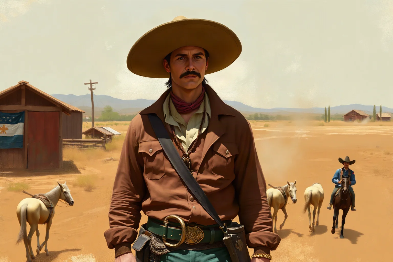 Painterly illustration of a mustached revolutionary leader in a wide sombrero and bandolier standing in a dusty rural landscape