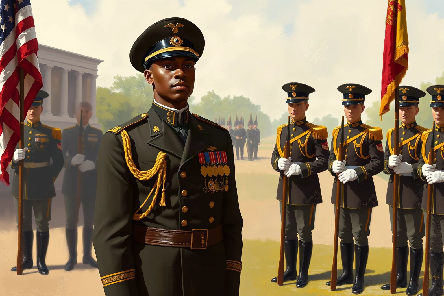Painterly illustration of a pioneering Black American general in dress uniform standing proudly before an honor guard