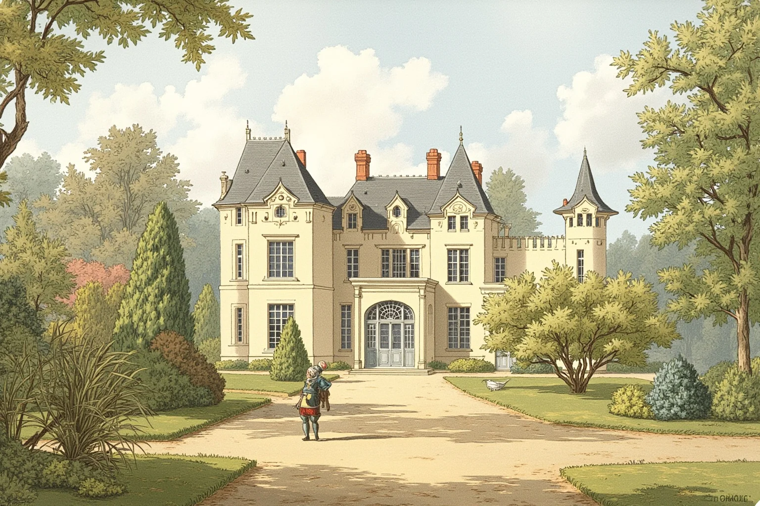 Surprising Facts About Marie Antoinette (And 10 Misconceptions) 6 Painterly illustration of a small elegant chateau with manicured gardens on a palace estate, 18th-century French style
