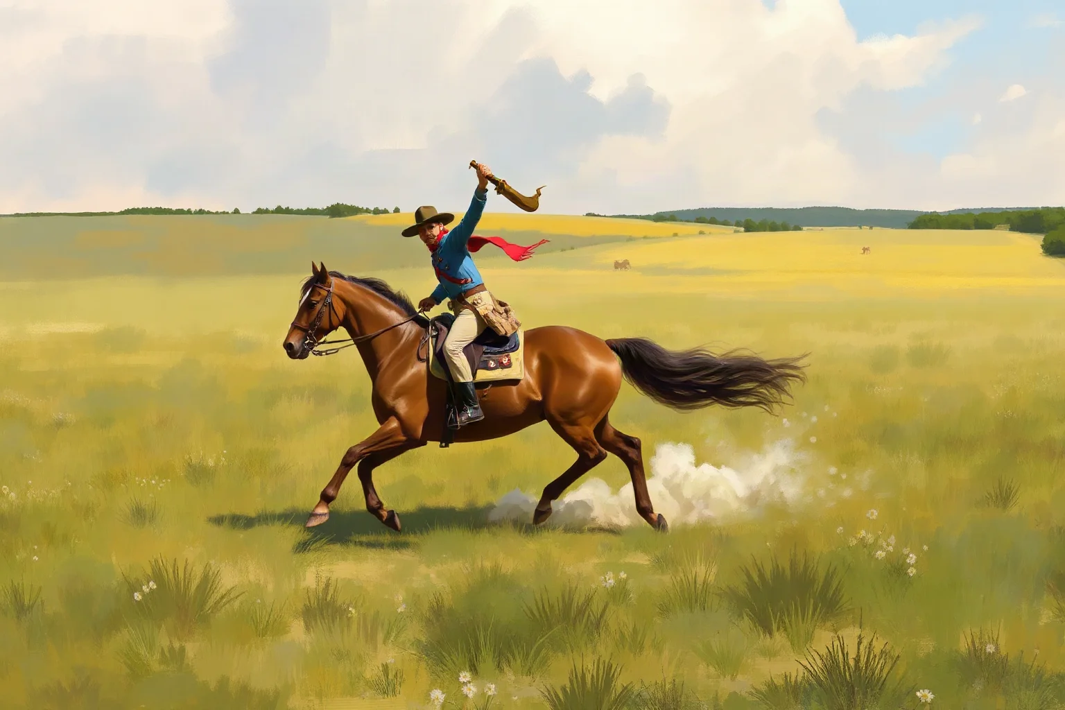 Painterly illustration of a Union cavalry general charging across an open field with saber raised