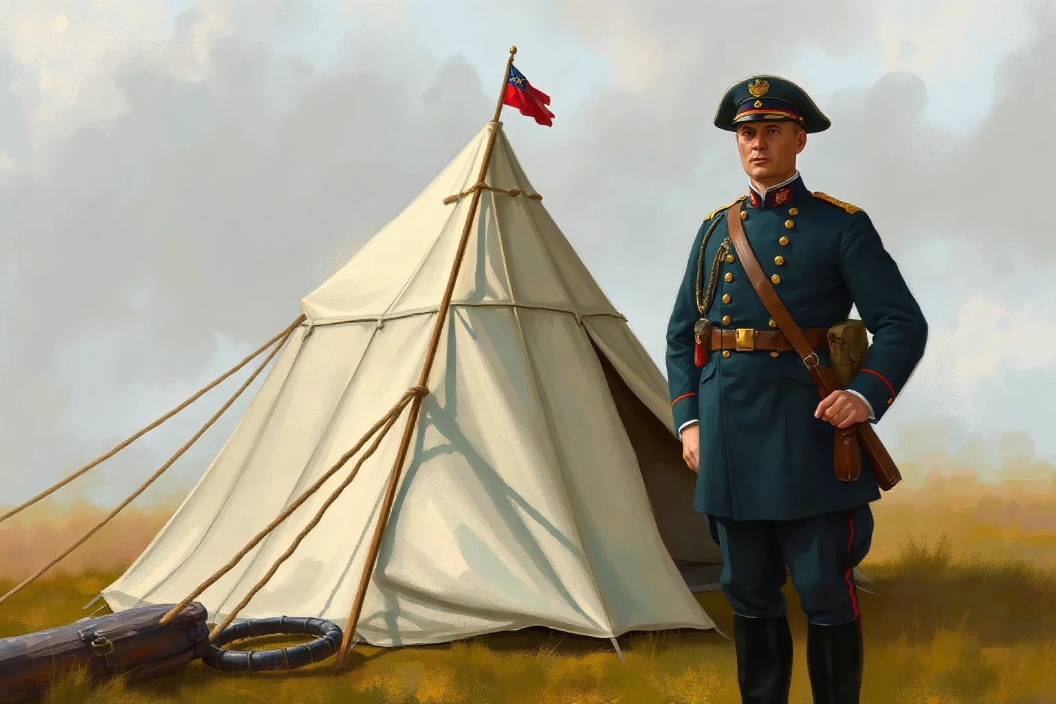 Painterly illustration of a Union Civil War general in dark blue uniform standing before a field headquarters tent