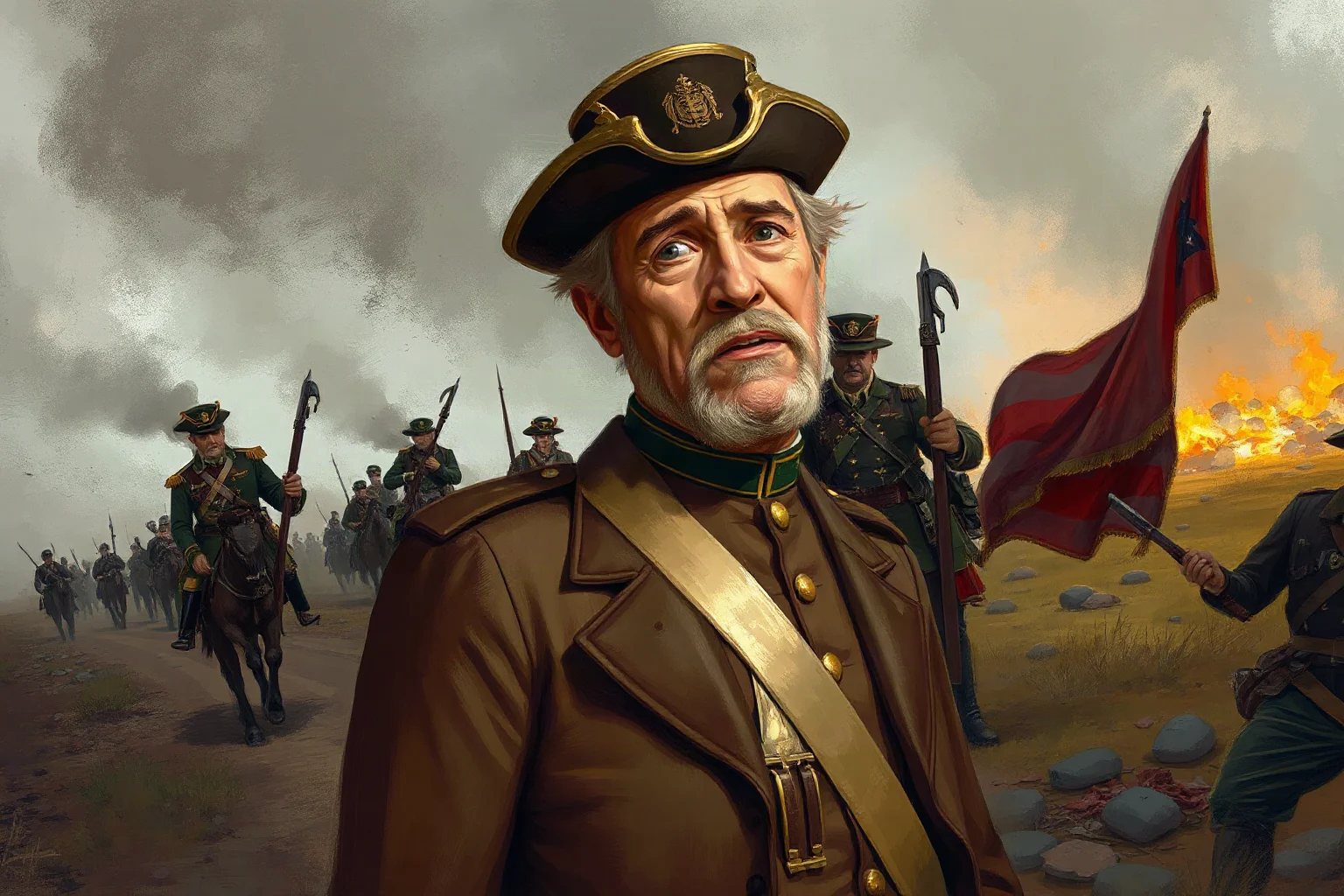 Painterly illustration of a Union general looking flustered while troops retreat in disarray across a smoky battlefield