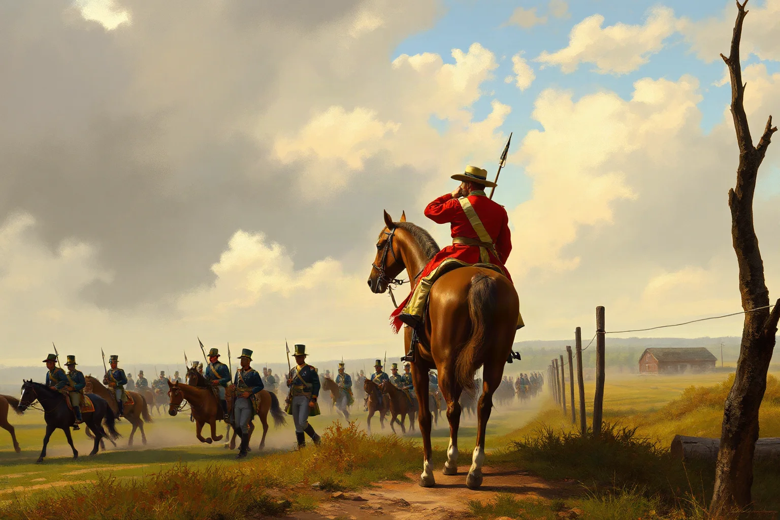 Painterly illustration of a Union general on horseback observing a marching column of soldiers through Southern countryside