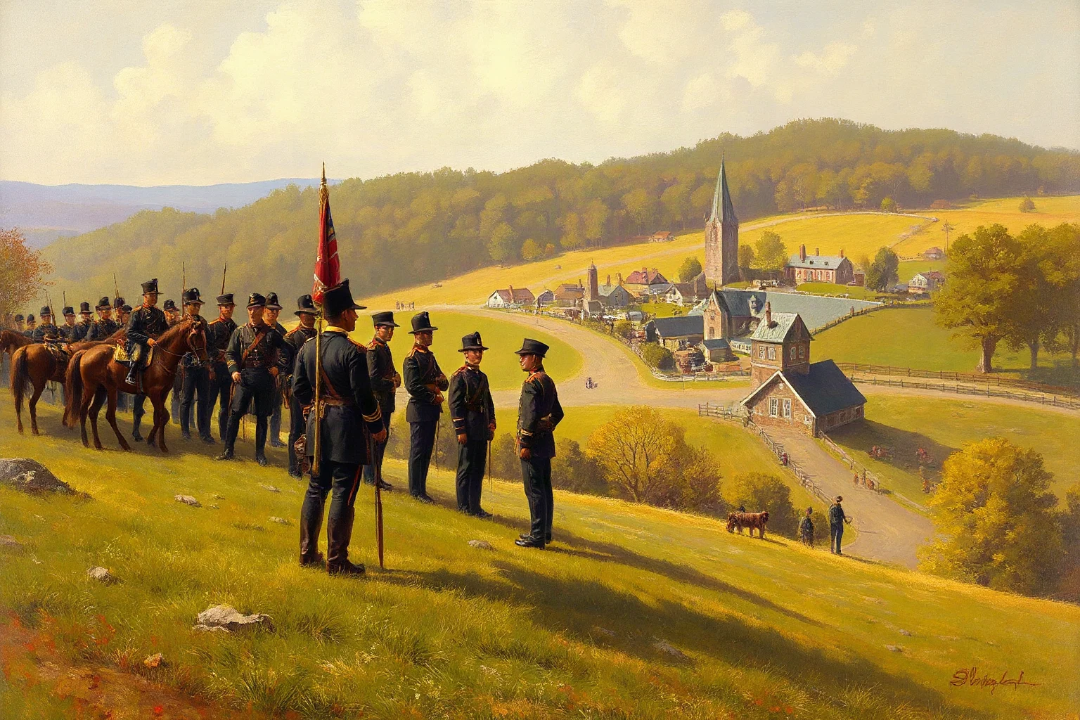 Painterly illustration of a Union general reviewing troops on a hillside near a small Pennsylvania town