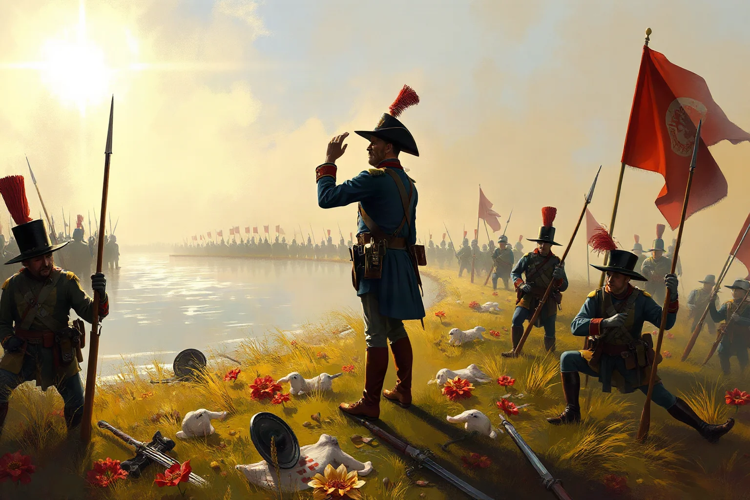Painterly illustration of a Union general standing helplessly as his small army is surrounded near a river bend