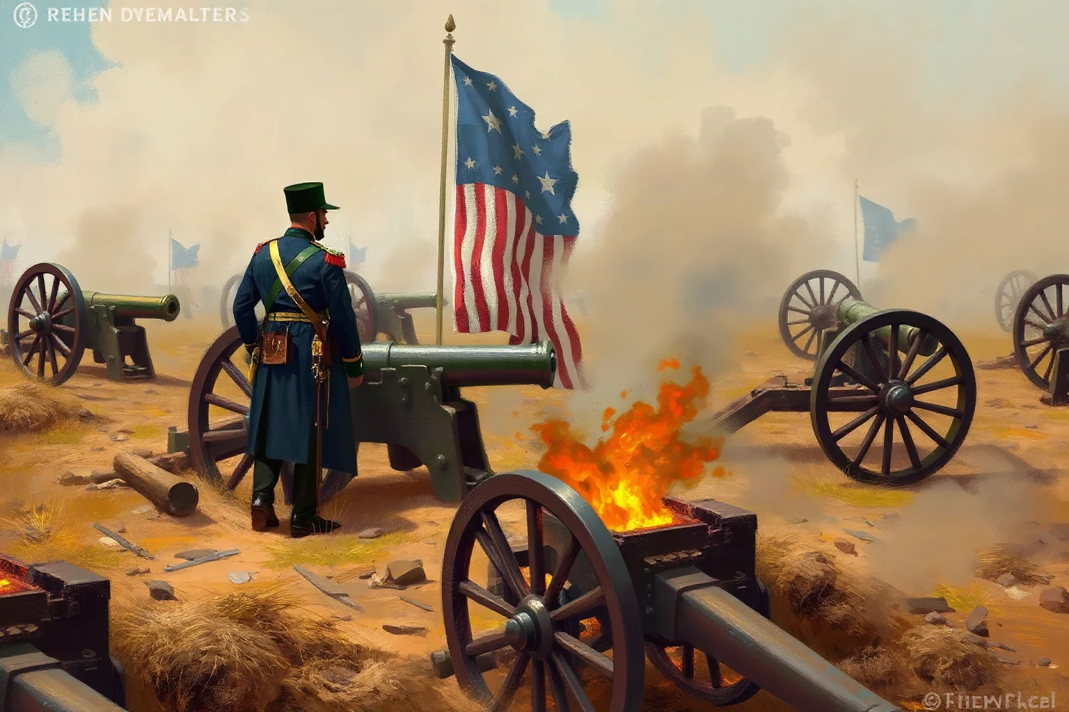 Painterly illustration of a Union general standing rigidly behind entrenched cannons overlooking a doomed frontal assault