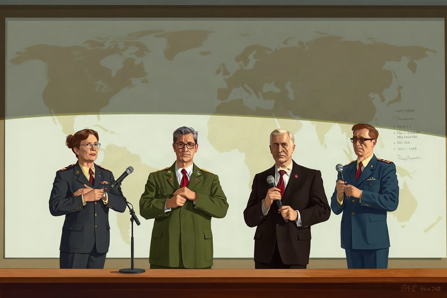 Painterly illustration of a Vietnam-era American general briefing reporters confidently in front of a large wall map