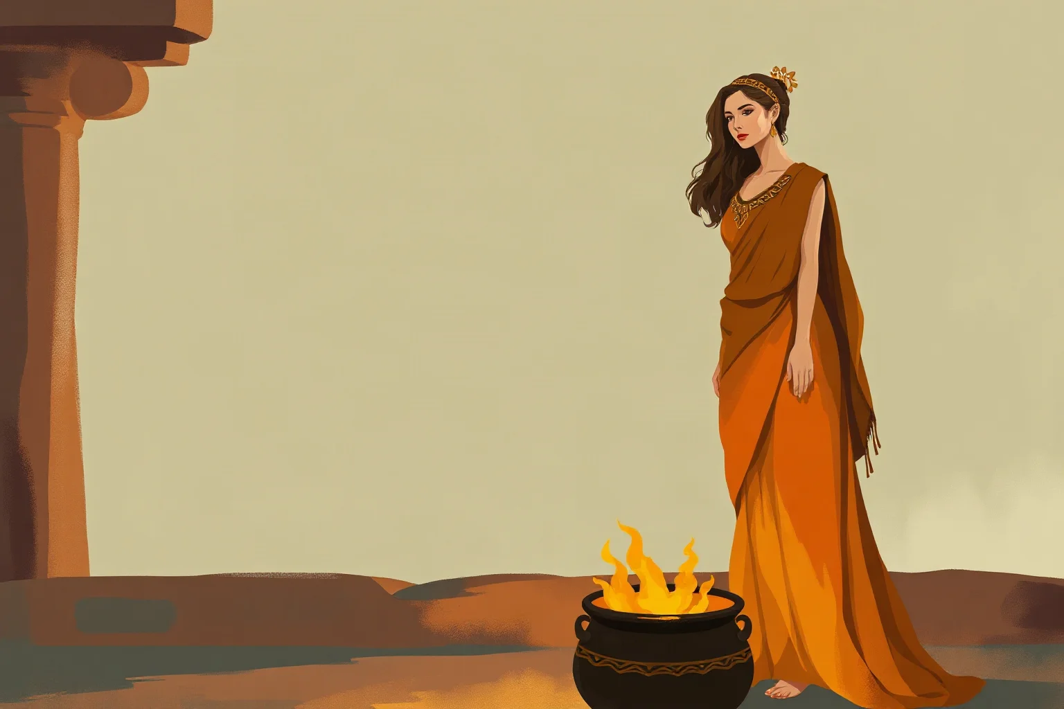 Painterly illustration of a woman in ancient Greek robes standing over a cauldron, evoking Medea's myth, non-photorealistic