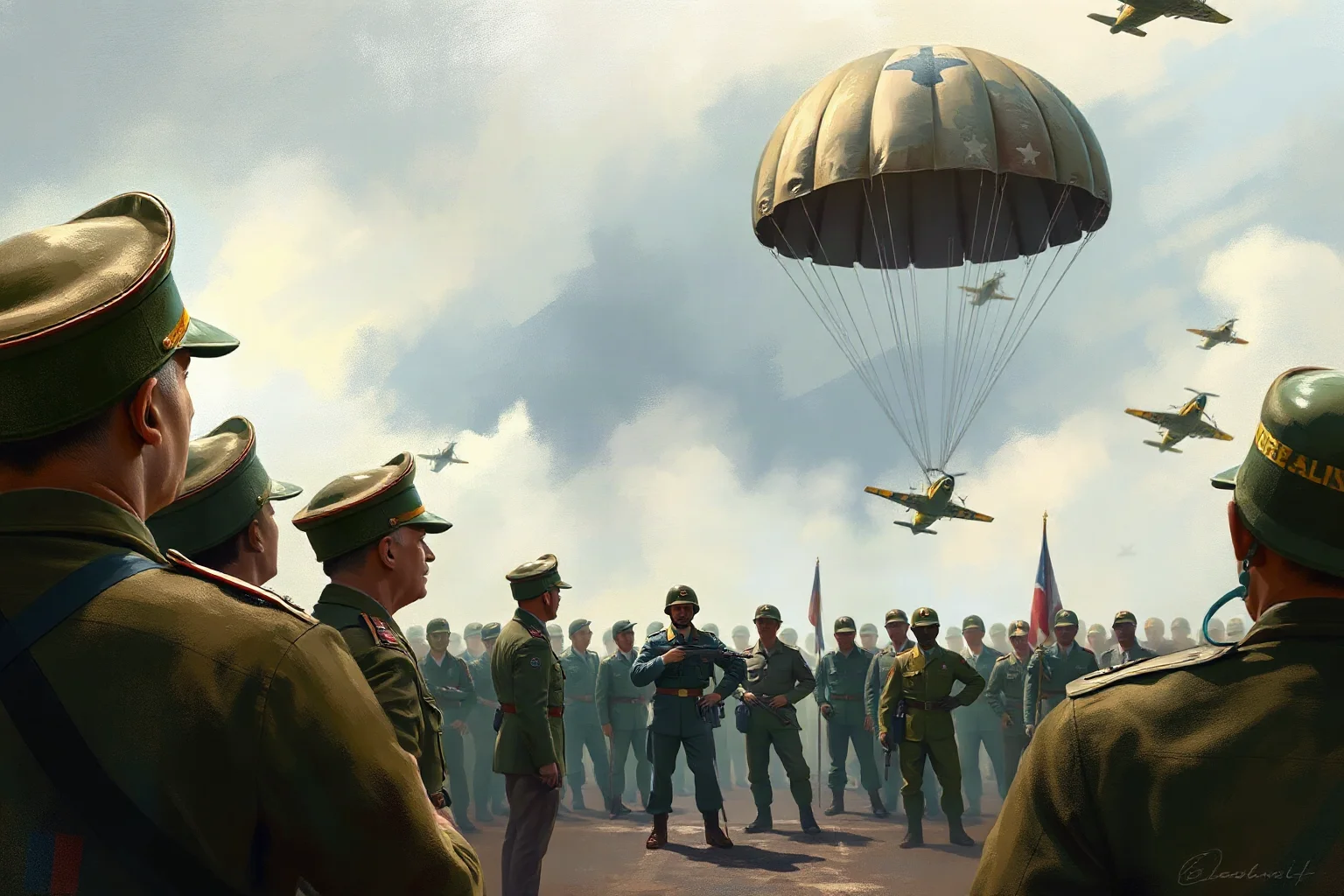 Painterly illustration of a WWII Allied supreme commander addressing paratroopers before a D-Day style operation