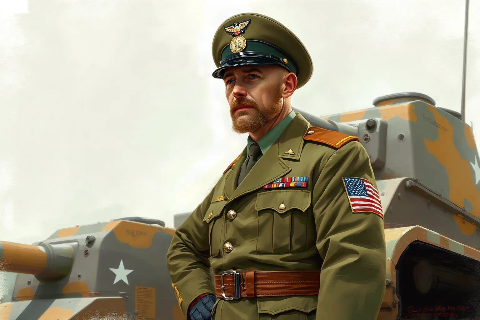 Painterly illustration of a WWII American general in a tank commander uniform standing beside an armored vehicle