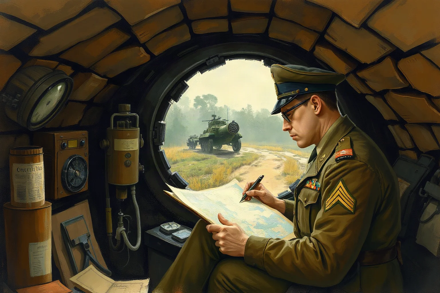 Painterly illustration of a WWII American general inside an underground bunker studying maps far from the front line