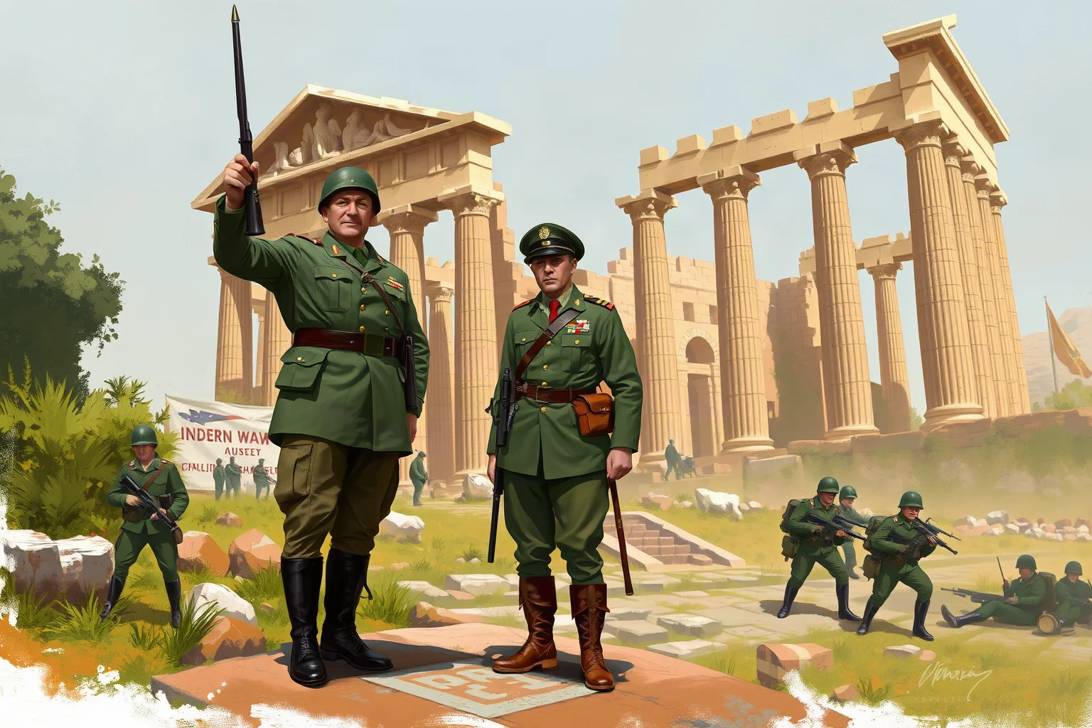 Painterly illustration of a WWII American general standing triumphantly before ancient Roman ruins with troops nearby